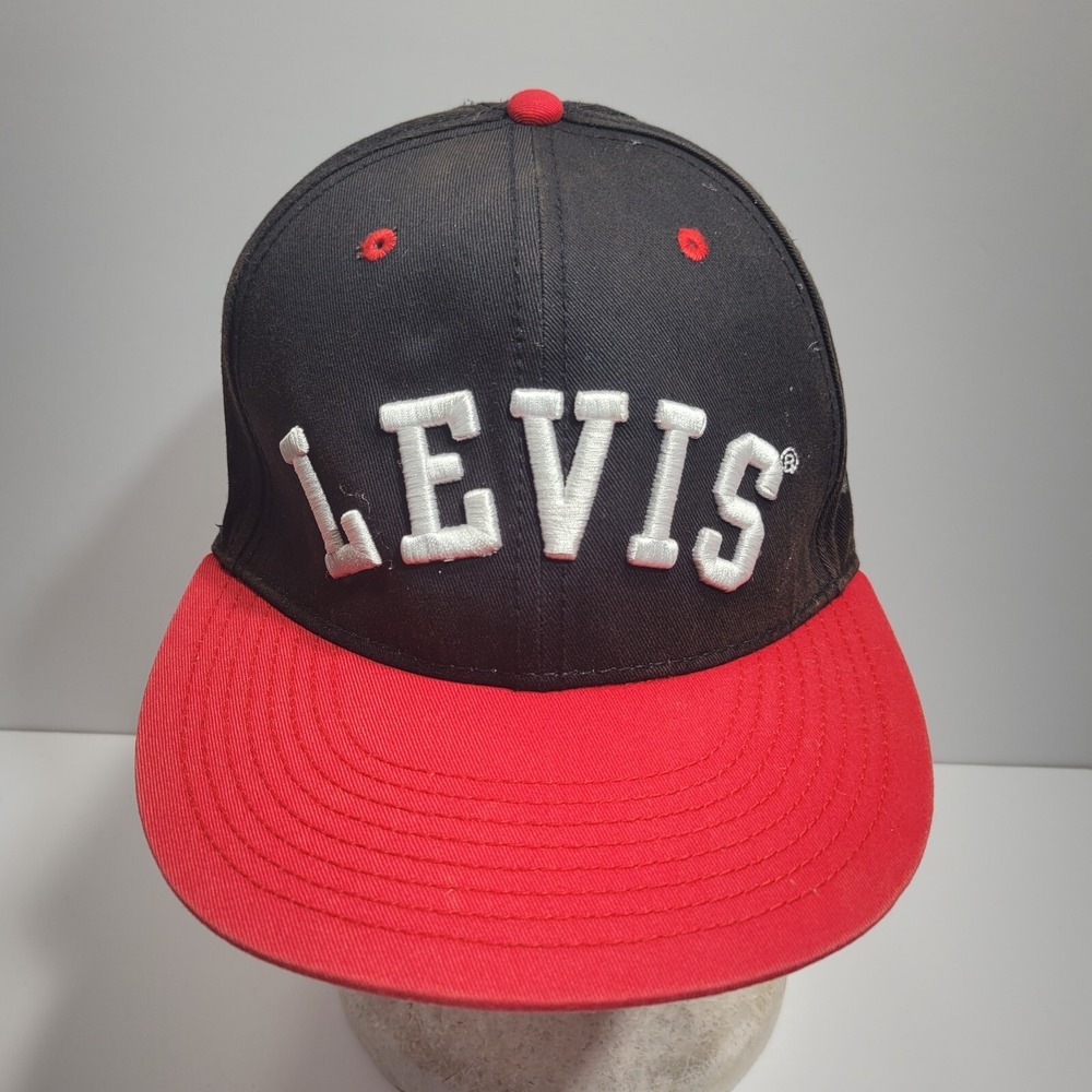 Levi's Snapback Cap Hat Mens Red Black Cotton Spell Out White Embroidered Logo